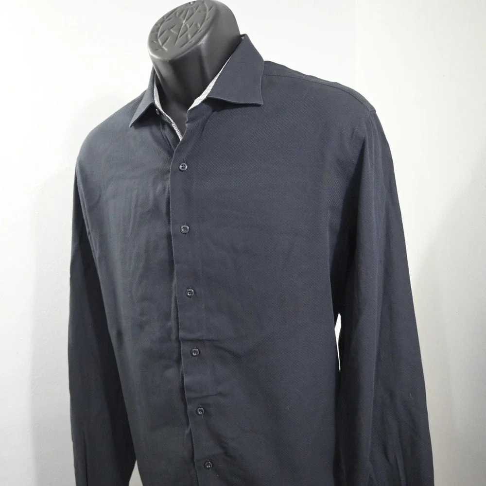 Hammer Made Dress Shirt Mens 42/16.5 Black Long Sleeve Button Up Patterned Trim